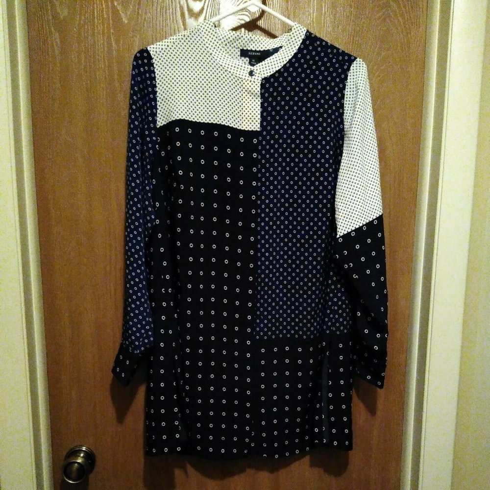 Alfani Plus Size Mixed-Print Tunic Top Linear Rings 0X Blue Black White Button